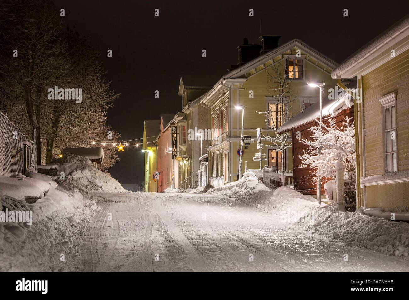 Winter night at the beautiful small coastal town of Oregrund in