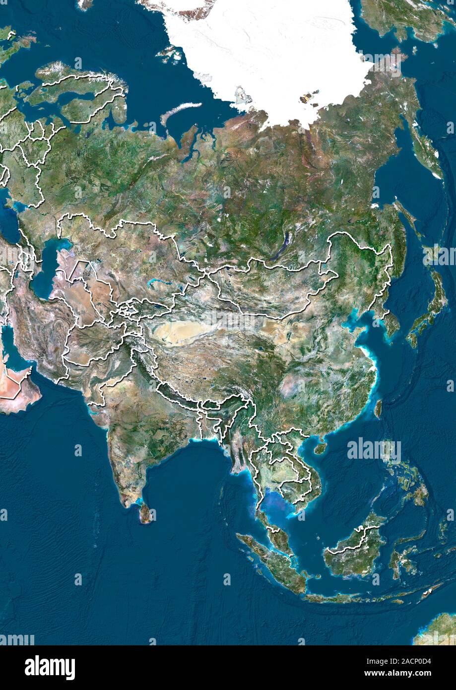 Asia. North is at top. Satellite image of Asia, showing the borders ...