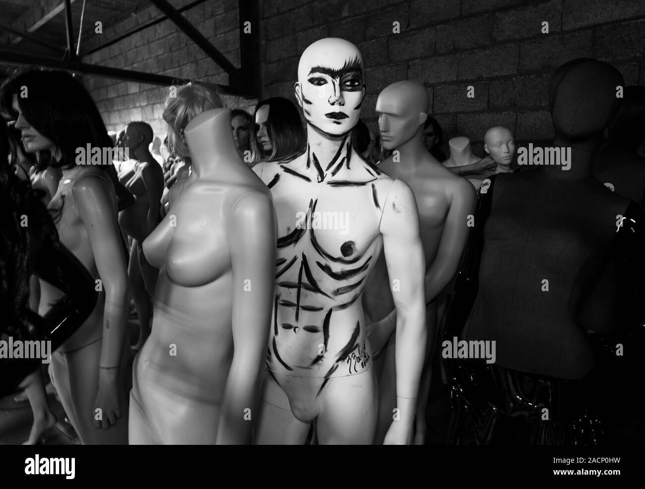 A Hugh collection of mannequins in a warehouse, all for sale for fashionshopts etc. Stock Photo