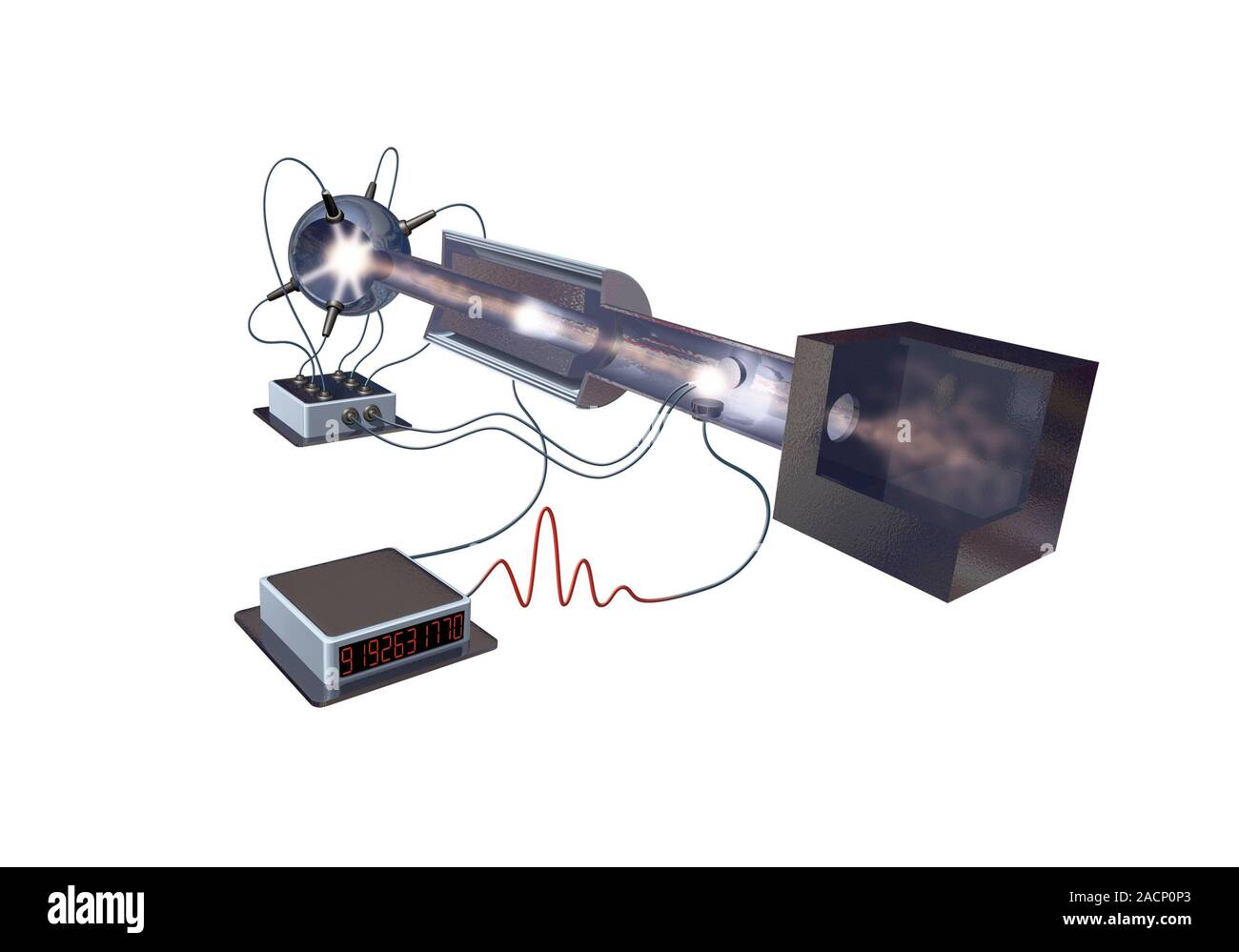 Atomic clock. Computer artwork showing the internal workings of an