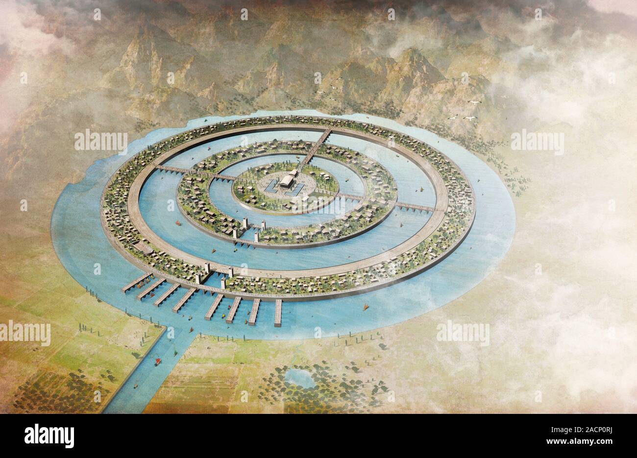 Plato's map of Atlantis, artwork. Artwork of the mythological city of