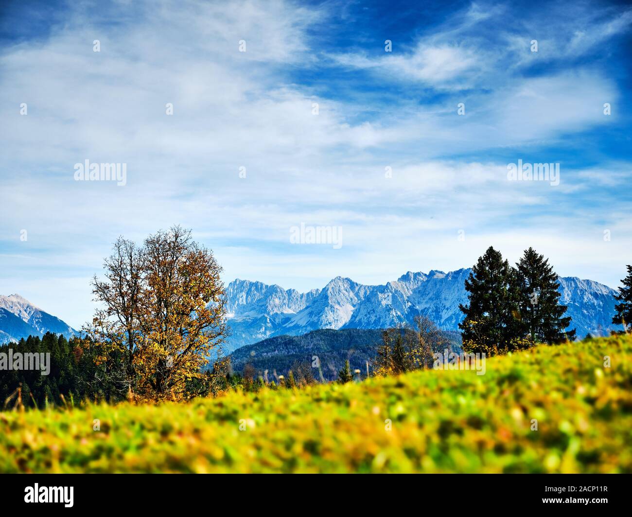 View from the top of mountain Eckbauer in Bavaria to alps in the region of Garmisch-Partenkirchen, Germany in autumn on a sunny day in autumn Stock Photo