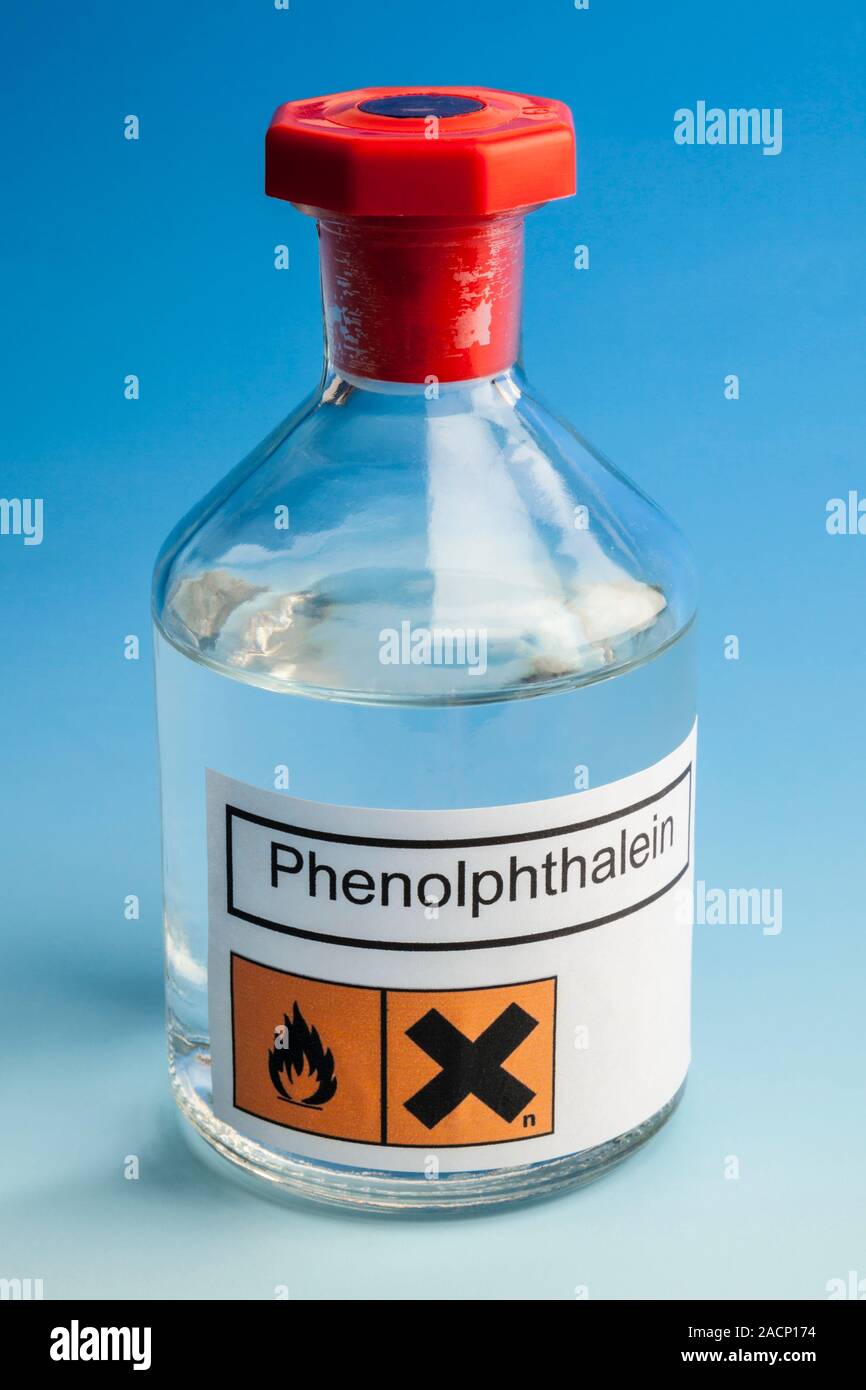 Phenolphthalein in a labelled laboratory bottle. This colourless chemical (formula C20.H14.O4