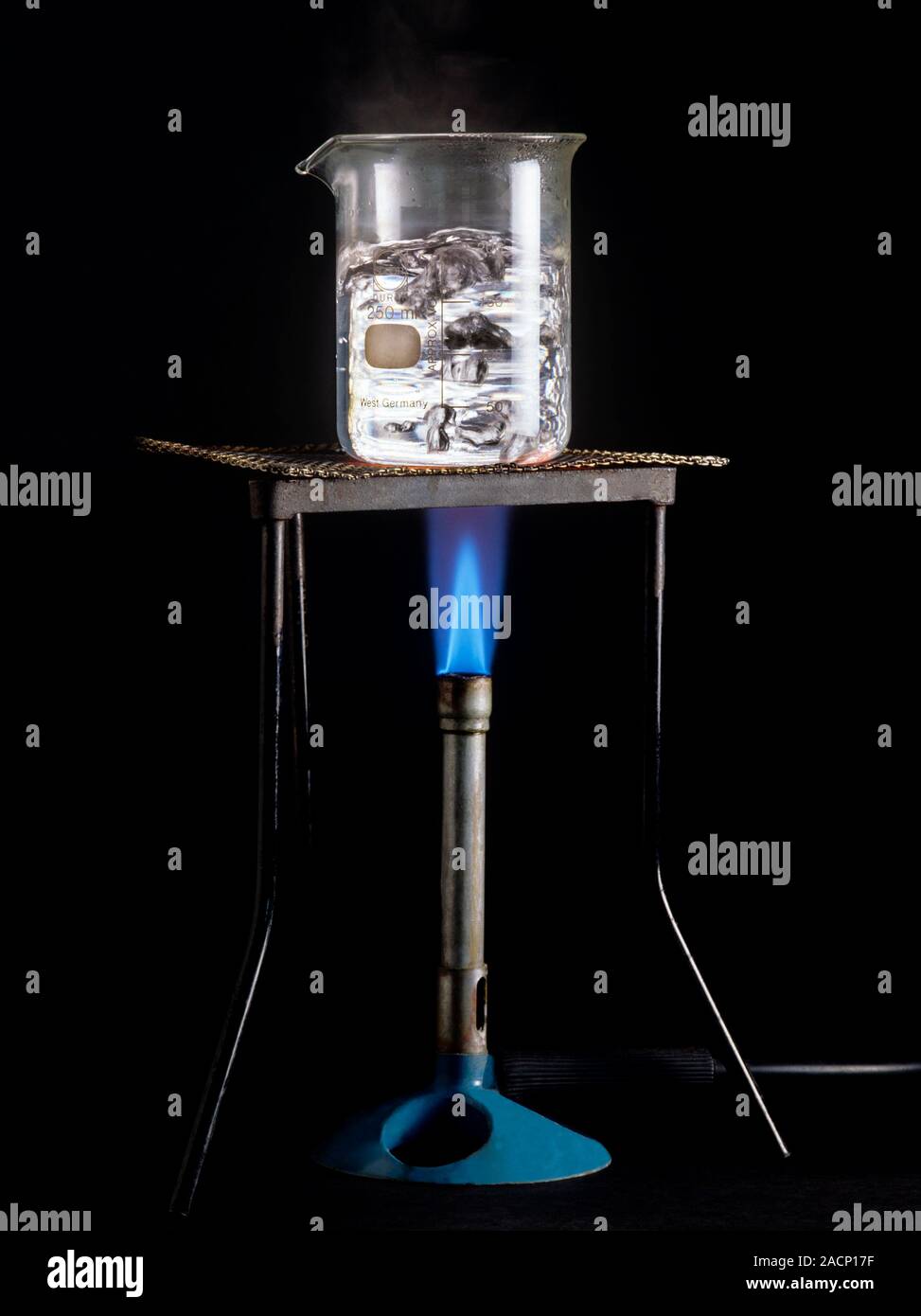 Boiling water with a Bunsen burner. The Bunsen burner is fuelled by