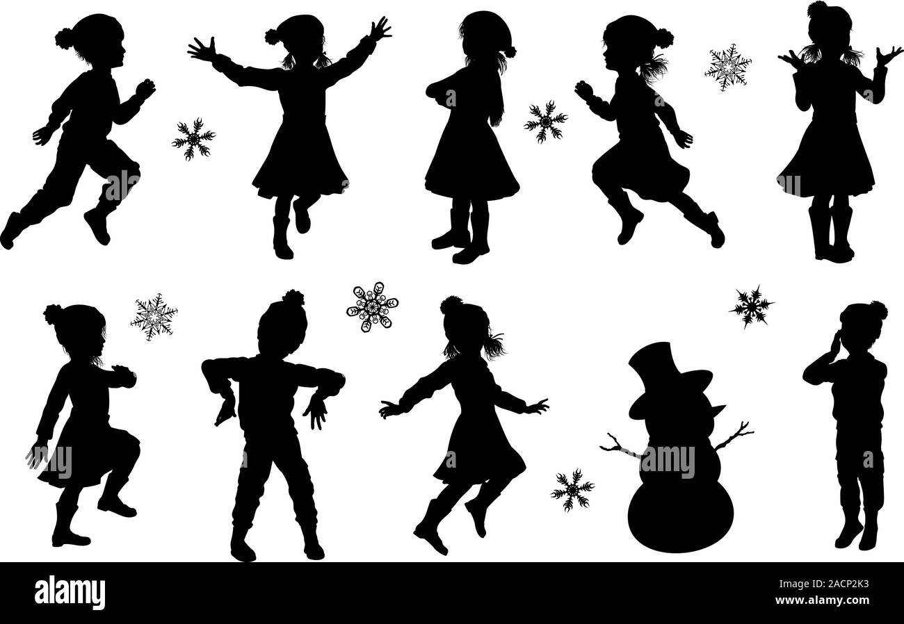 Silhouette Children Christmas Winter Clothing Set Stock Vector