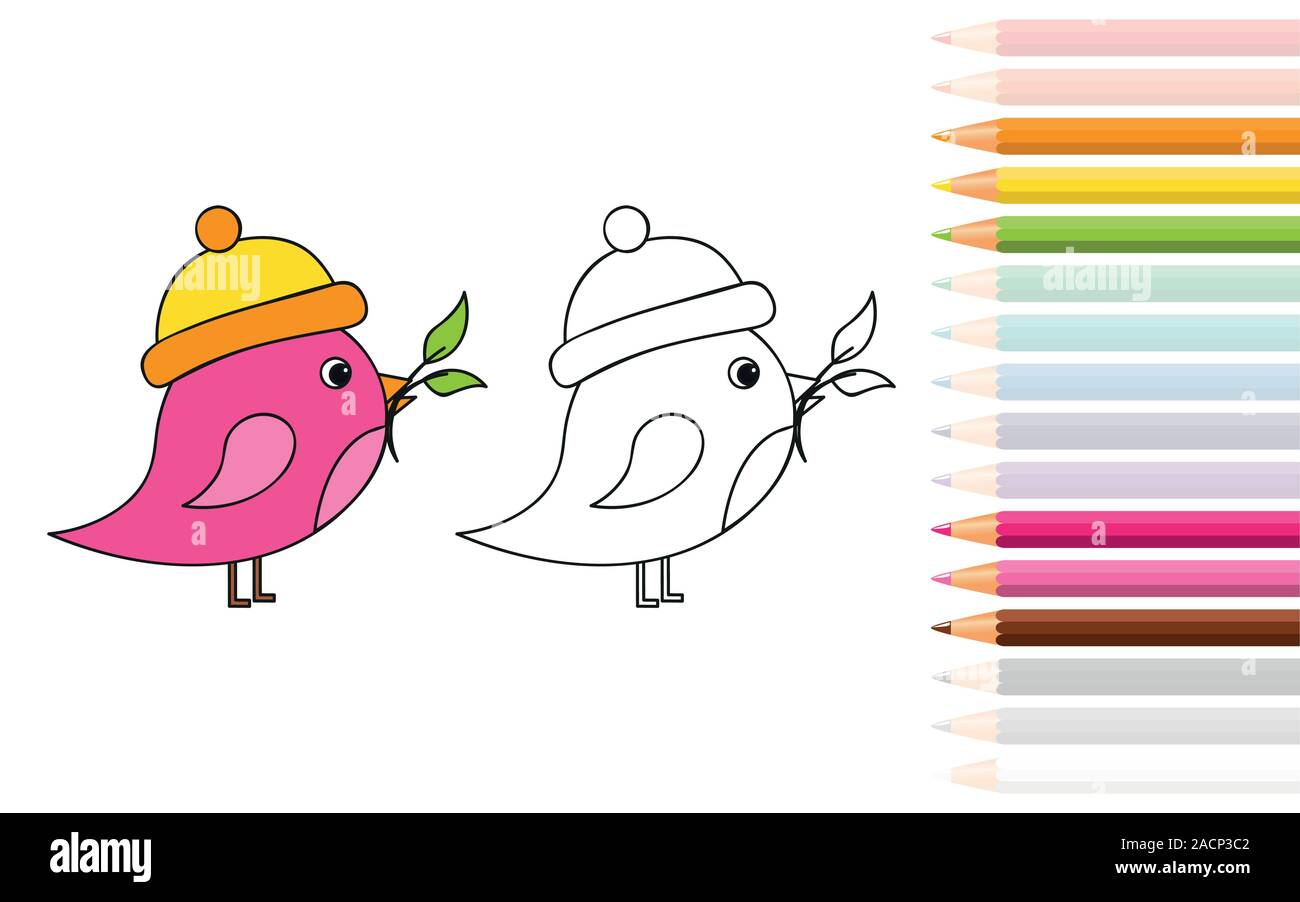 cute little bird for coloring book with pencils vector illustration EPS10 Stock Vector