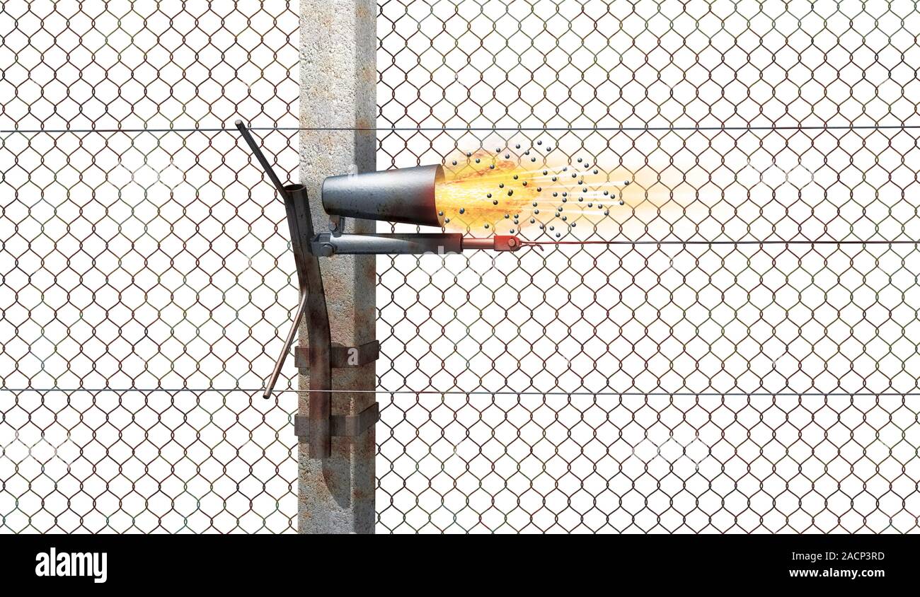 Splittermine. Computer artwork of a splittermine (SM-70) antipersonnel mine  firing. These devices were mounted on rural sections of the East German bo  Stock Photo - Alamy