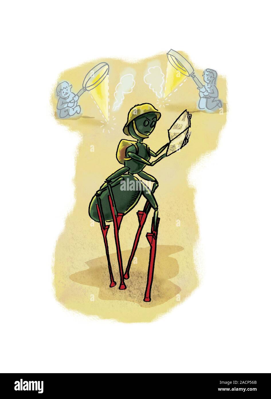 Ant research, conceptual artwork. The stilts attached to this ant's legs, and the map it is