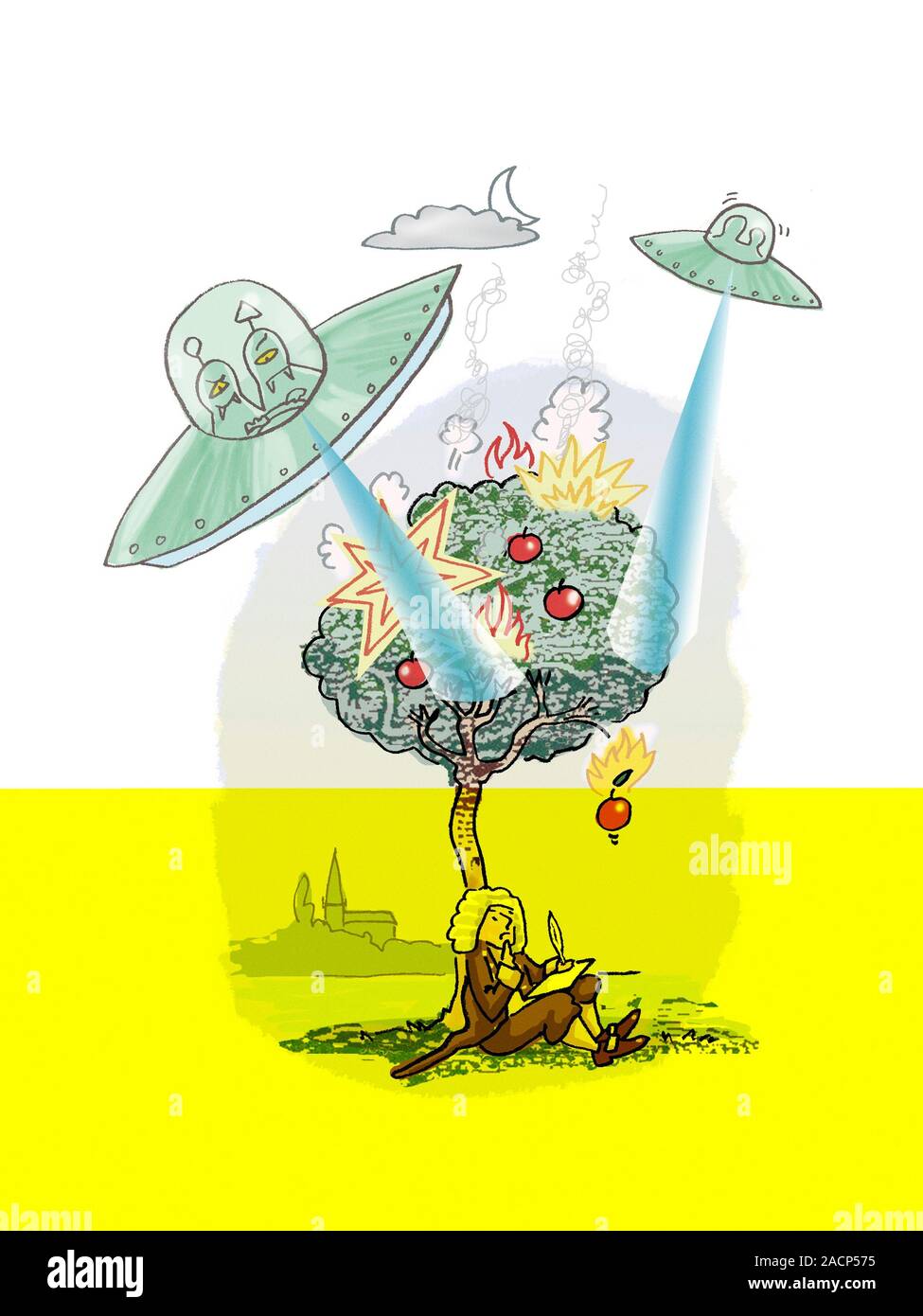Hollywood science. Conceptual artwork of UFOs and Isaac Newton, representing the use of science when producing animations and CGI in films. The UFOs a Stock Photo