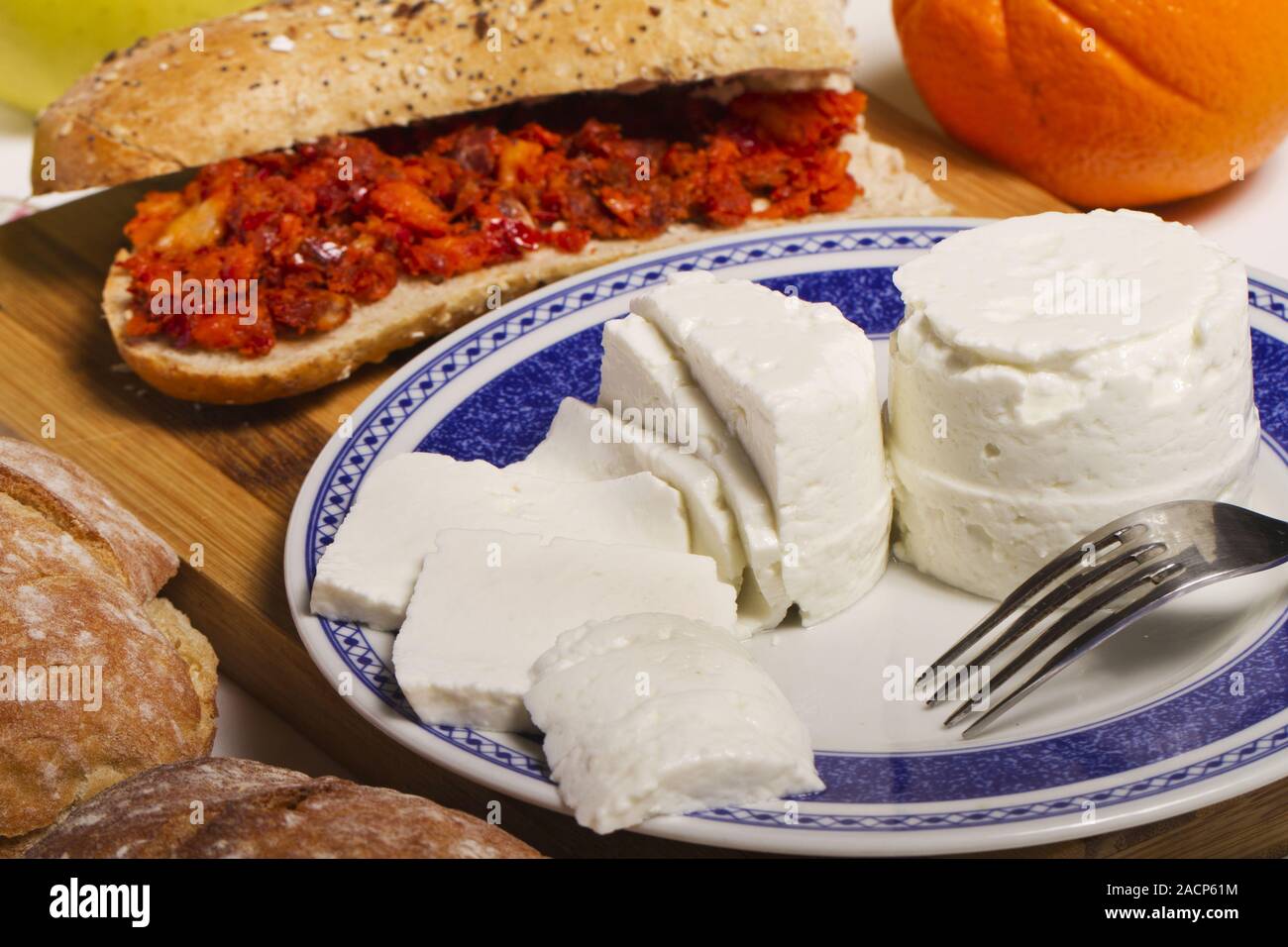 fresh cheese and chorizo Stock Photo - Alamy
