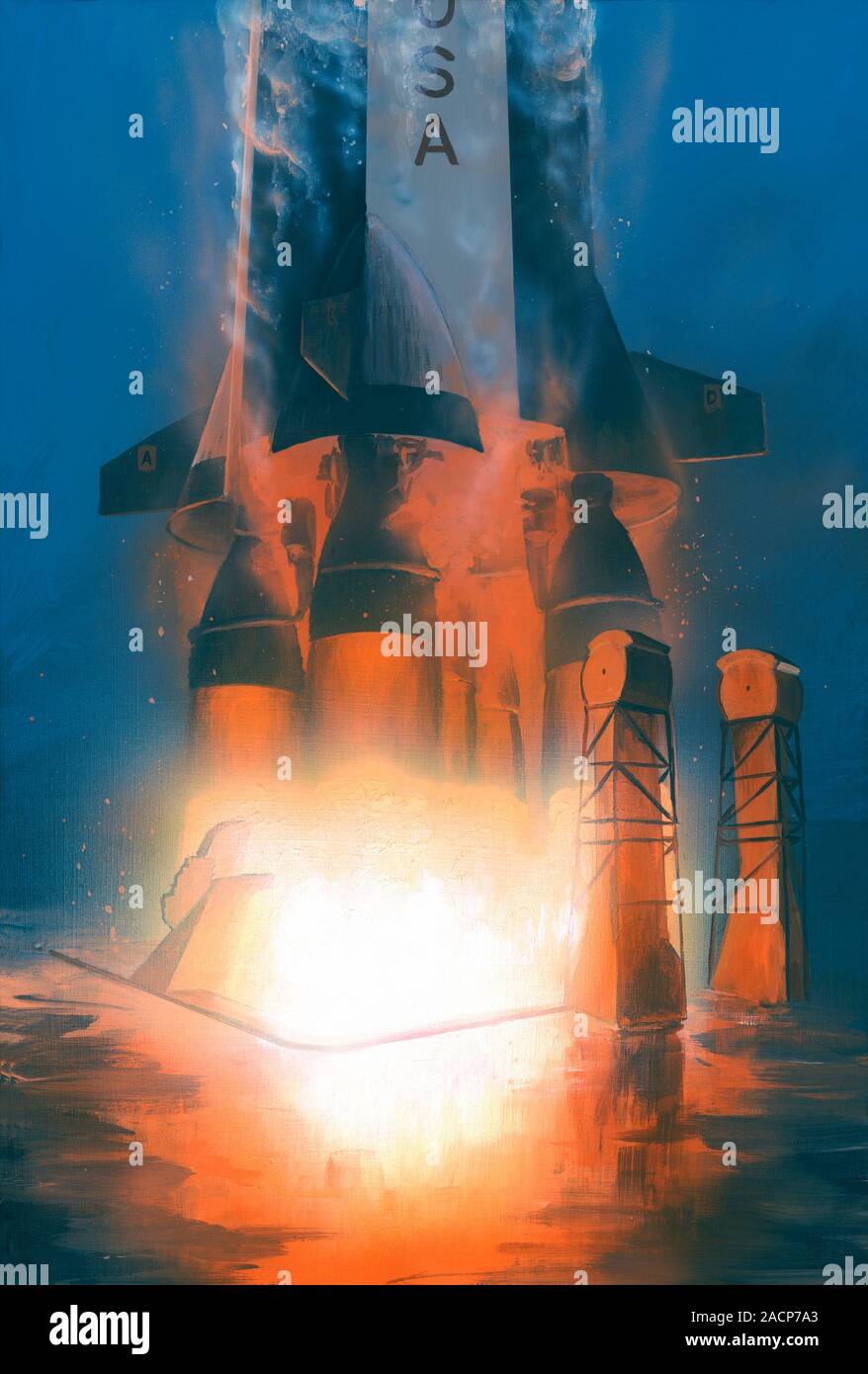 Saturn V rocket launch, artwork. The Saturn V was the launch vehicle