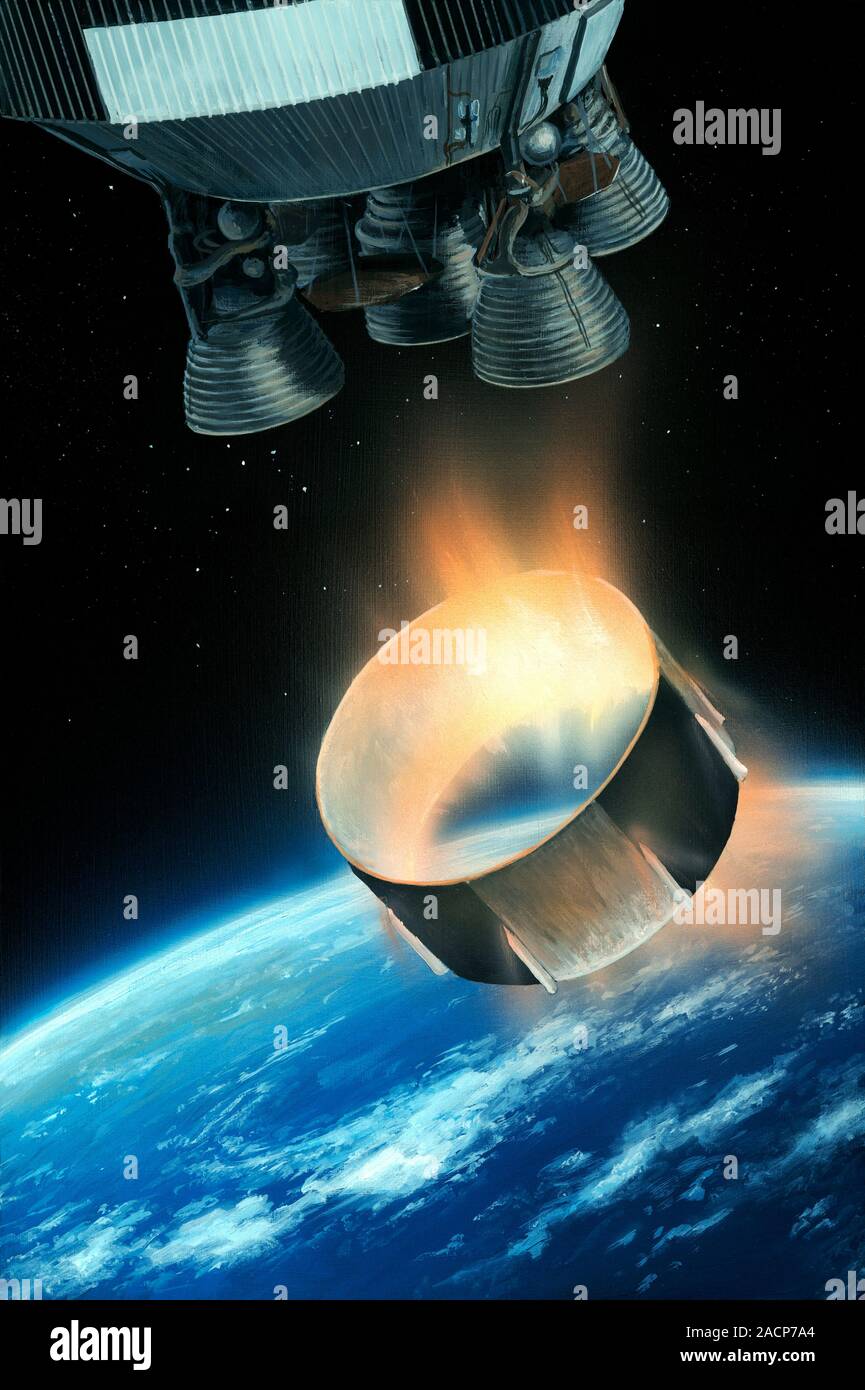 Saturn V interstage separation, artwork. The ring falling back to Earth is an interstage that