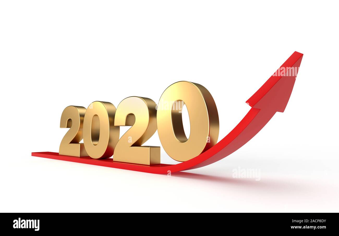 Financial and economic growth in 2020 year with red arrow curving upwards. 3d illustration golden numbers Stock Photo