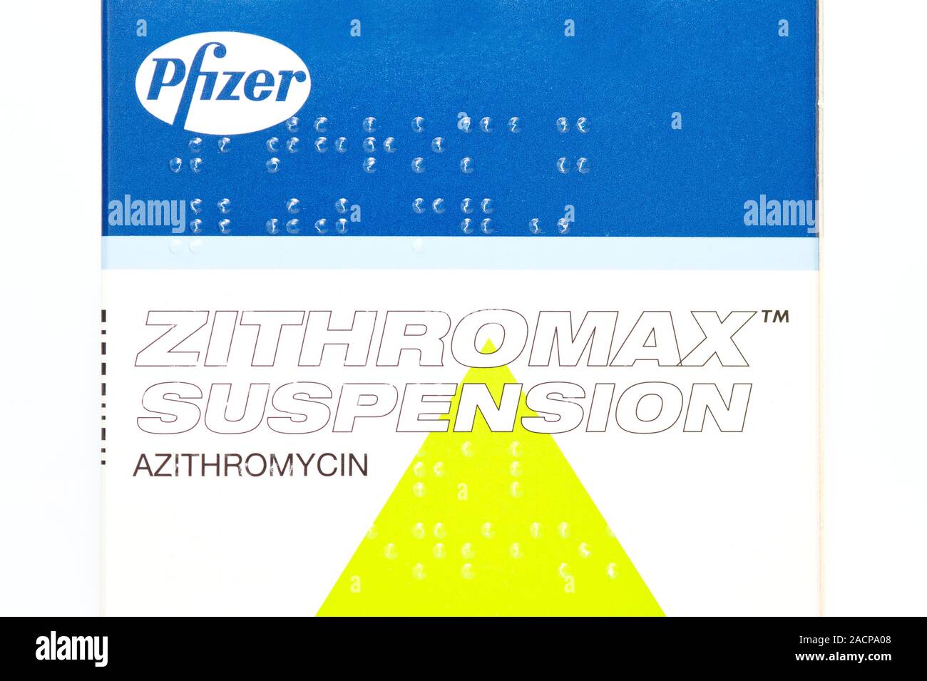 Azithromycin antibiotic drug. Closeup of a box containing azithromycin