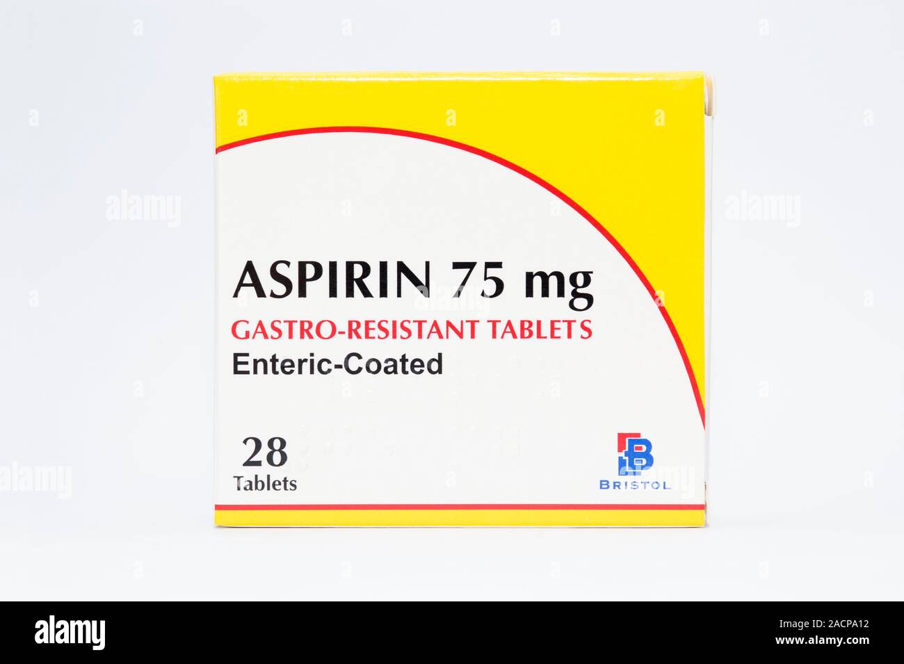 Aspirin. Box containing 75mg entericcoated tablets of aspirin (acetylsalicylic acid). Aspirin