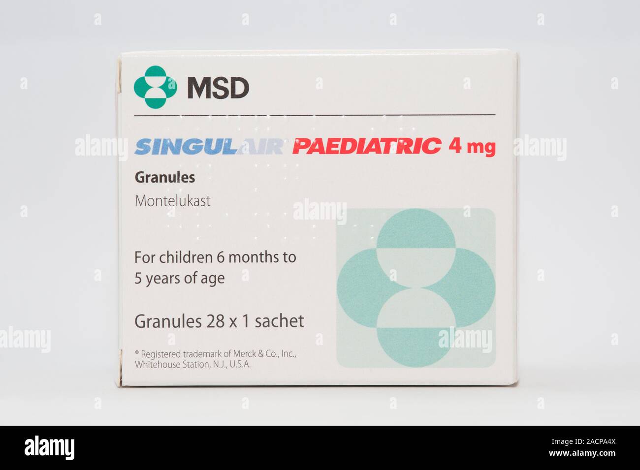 Montelukast asthma drug. Box containing sachets of montelukast granules