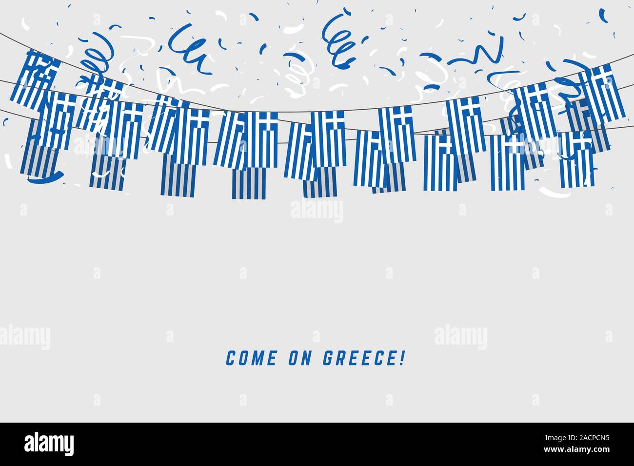 Greece garland flag with confetti on white background, Hang bunting for Greece celebration template banner. Stock Vector