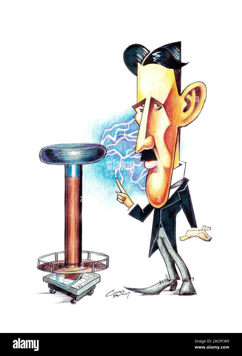 Nikola Tesla (1856-1943). Caricature of the Serb-US physicist and  electrical engineer Nikola Tesla. Tesla was educated at Graz and Prague,  but in 1884 Stock Photo - Alamy
