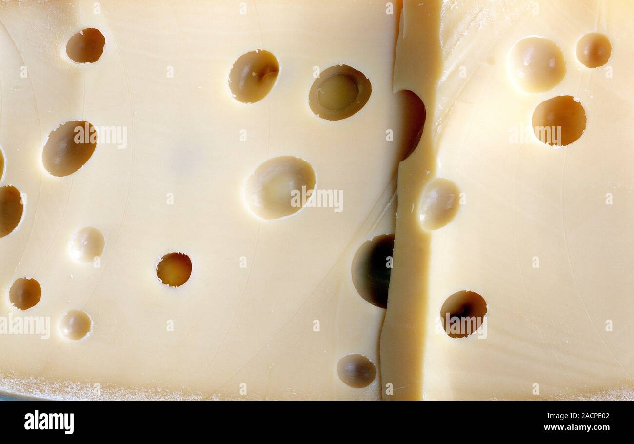 Emmental cheese. The holes in this Swiss cow's milk cheese form due to