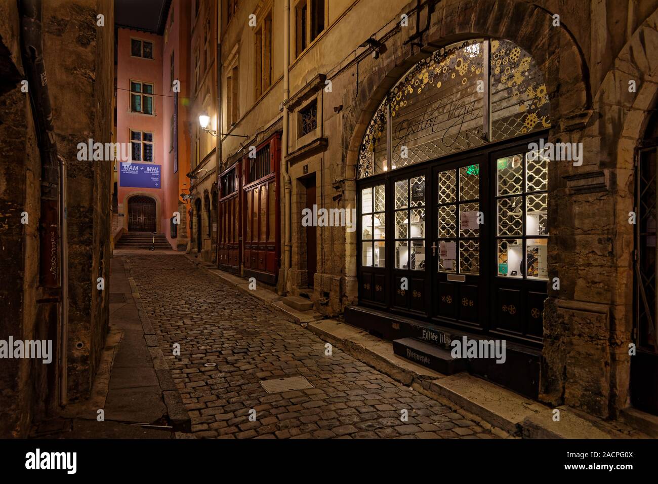 LYON, FRANCE, December 2, 2019 : Winter night in the old district of Vieux-Lyon streets. Stock Photo