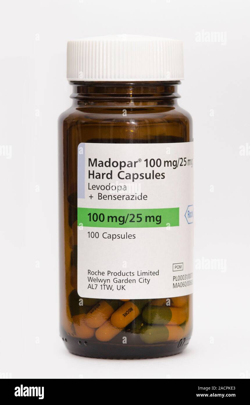 Parkinson's drug. Bottle containing capsules of the drug Madopar, which