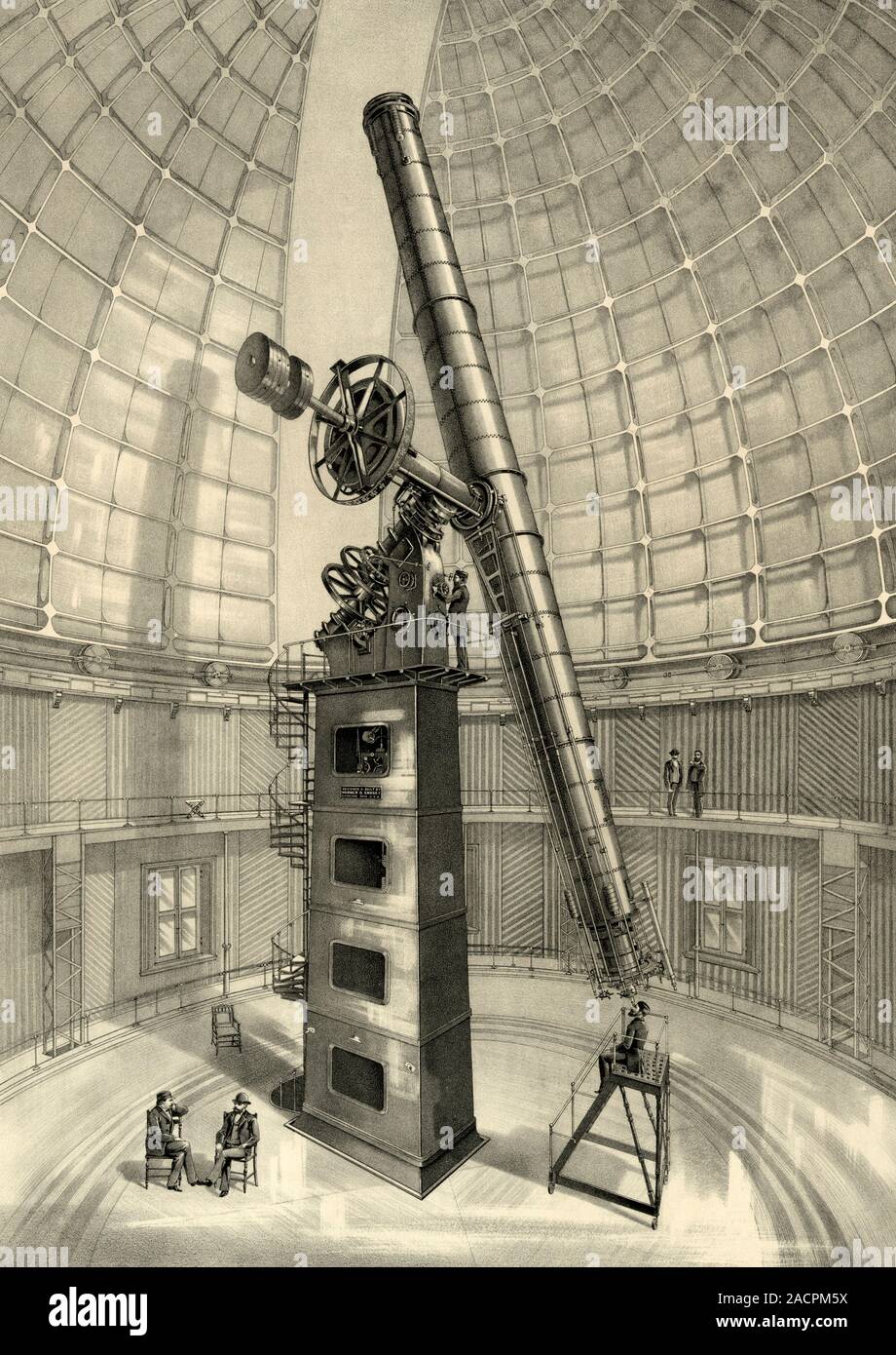 Lick Observatory telescope. 19th-century artwork of astronomers using ...