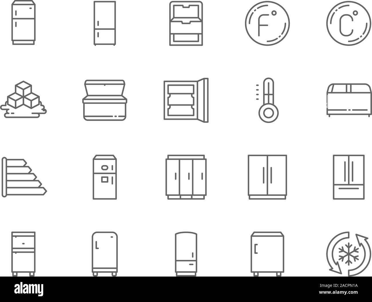 Set of Fridge Line Icons. Thermometer, Freezer, Refrigerator, Ice Cubes and more Stock Vector