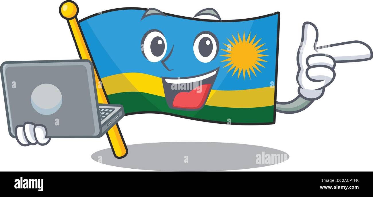 Happy smiling flag rwanda cartoon character working with laptop Stock Vector