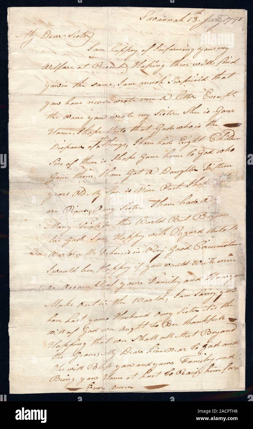 Sowerby family letter, 18th century. Letter to a Mrs Reynolds, held in the archives of the family of her son-in-law English naturalist James Sowerby ( Stock Photo