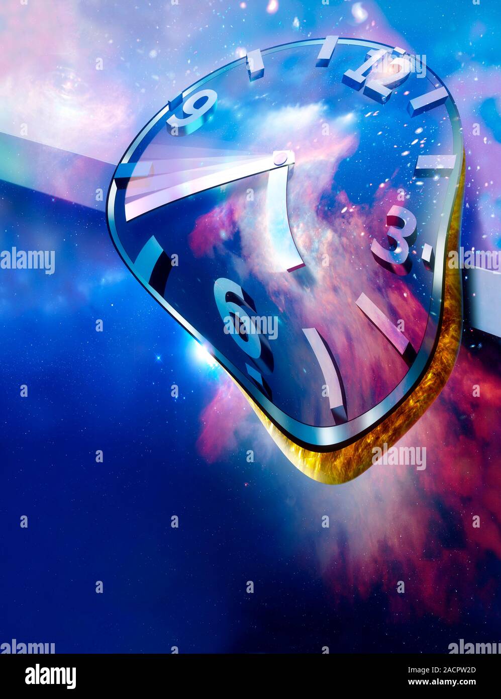 Time warp. Conceptual artwork of a warped clock face on a background of ...