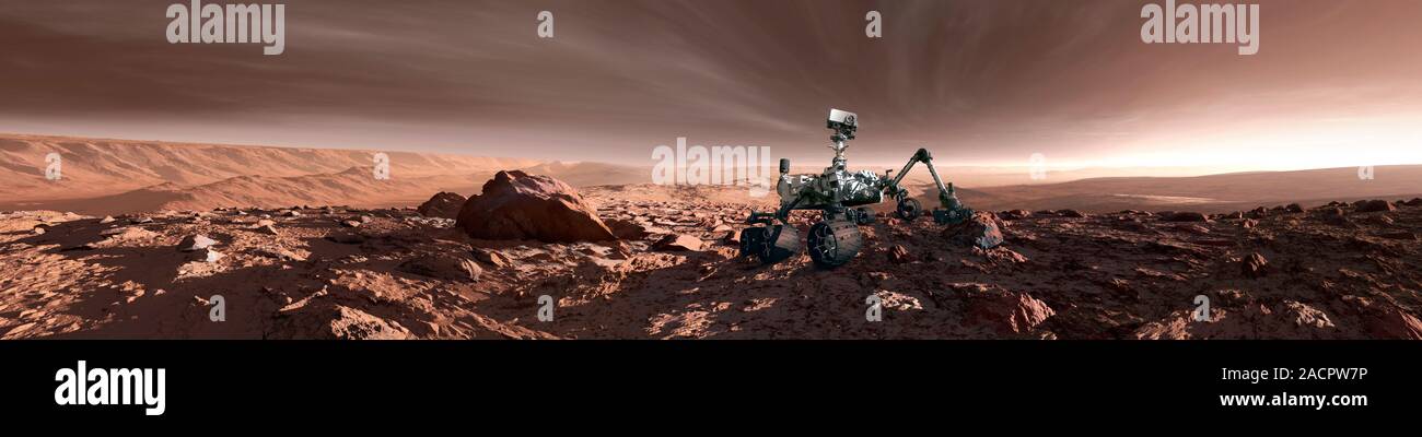 Curiosity rover on Mars. Artwork of NASA's Curiosity rover in a rocky ...