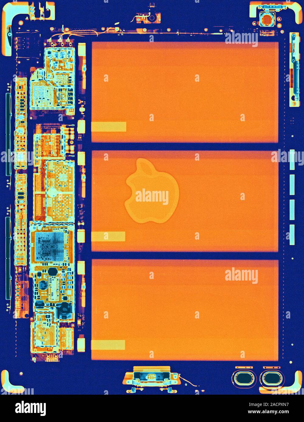 Coloured xray of an iPad tablet computer showing the internal