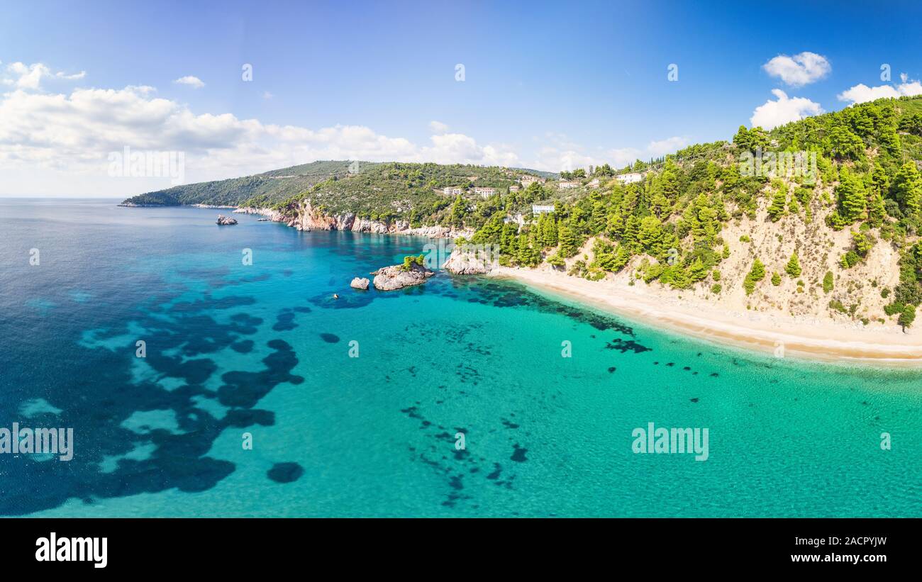 The beach Stafylos of Skopelos island from drone, Greece Stock Photo