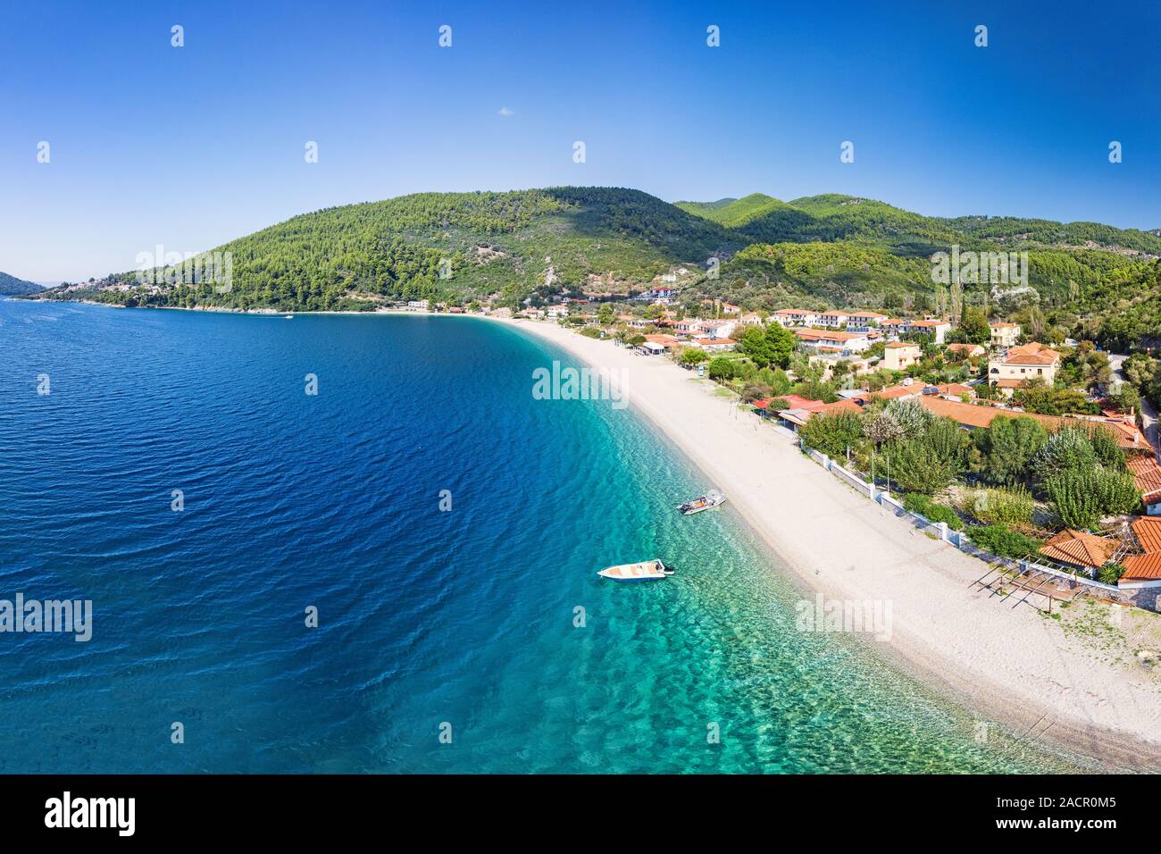 The beach Panormos of Skopelos island from drone, Greece Stock Photo