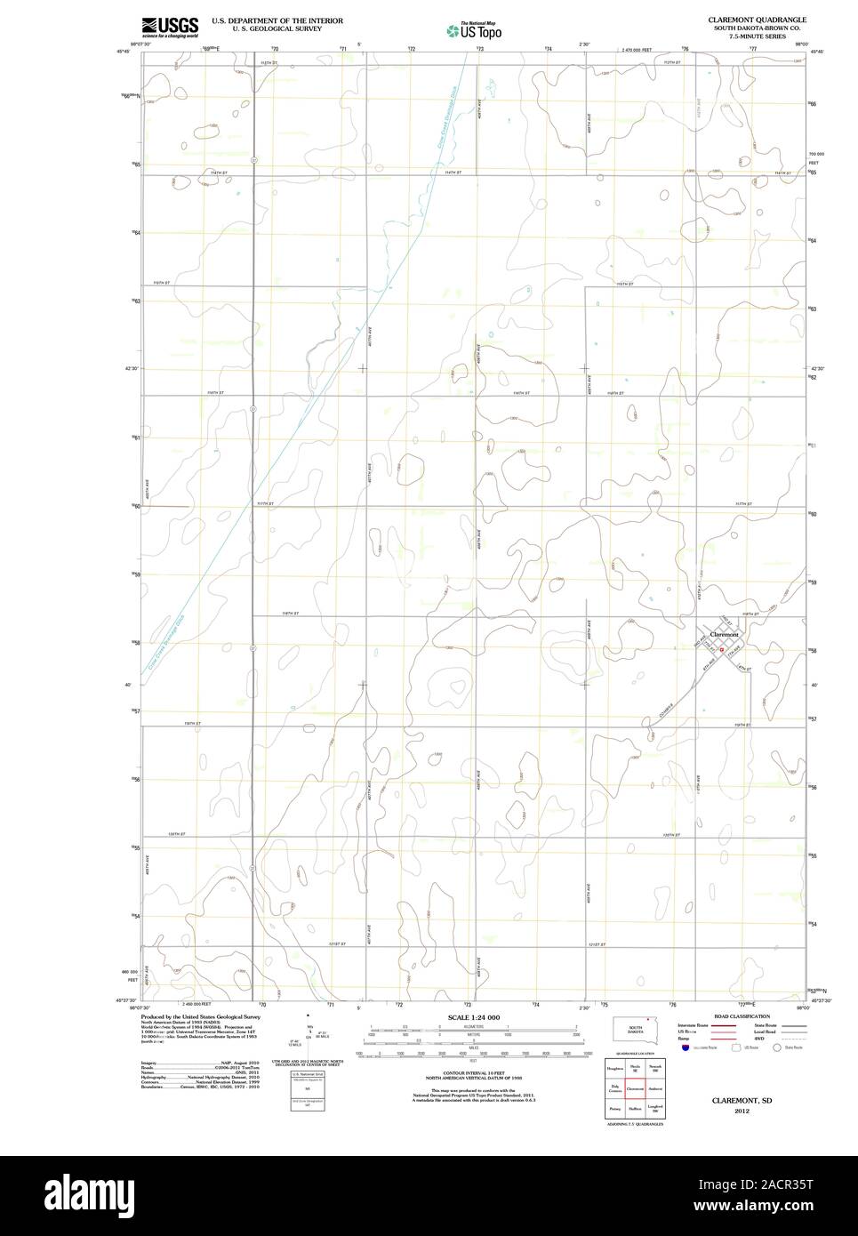 USGS TOPO Map South Dakota SD Claremont 20120615 TM Restoration Stock Photo