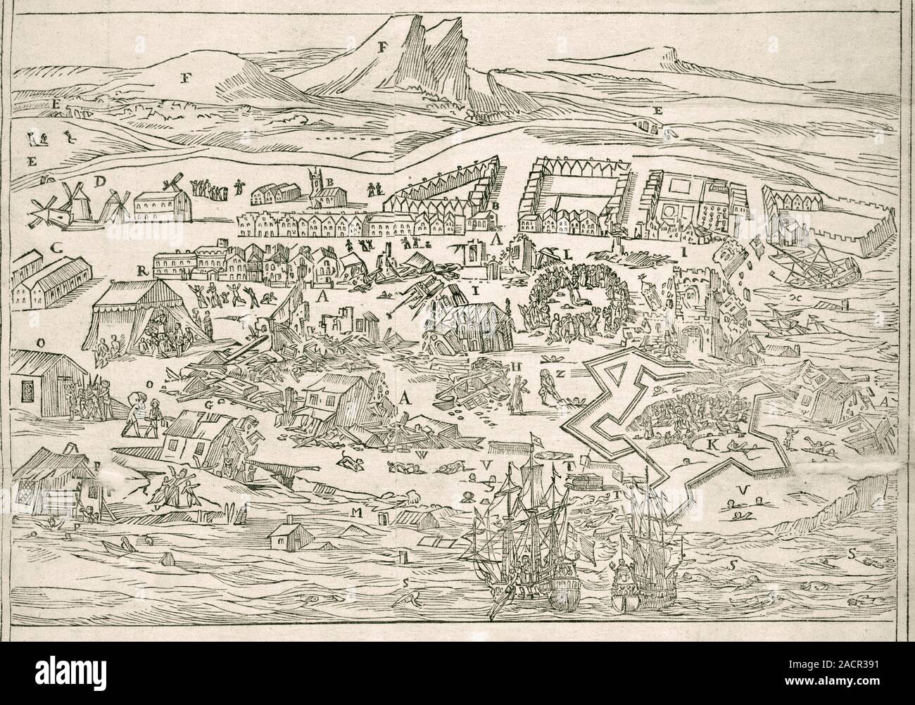 1692 PortRoyal earthquake. 17thcentury artwork of the destruction in