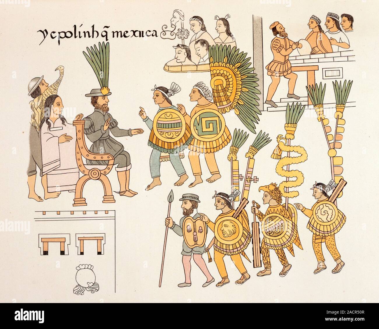 Aztecs surrender. Historical artwork of the last Aztec emperor ...