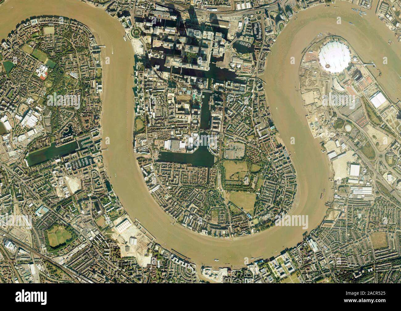 Isle of Dogs, London, UK, aerial photograph. The Isle of Dogs in east London includes extensive