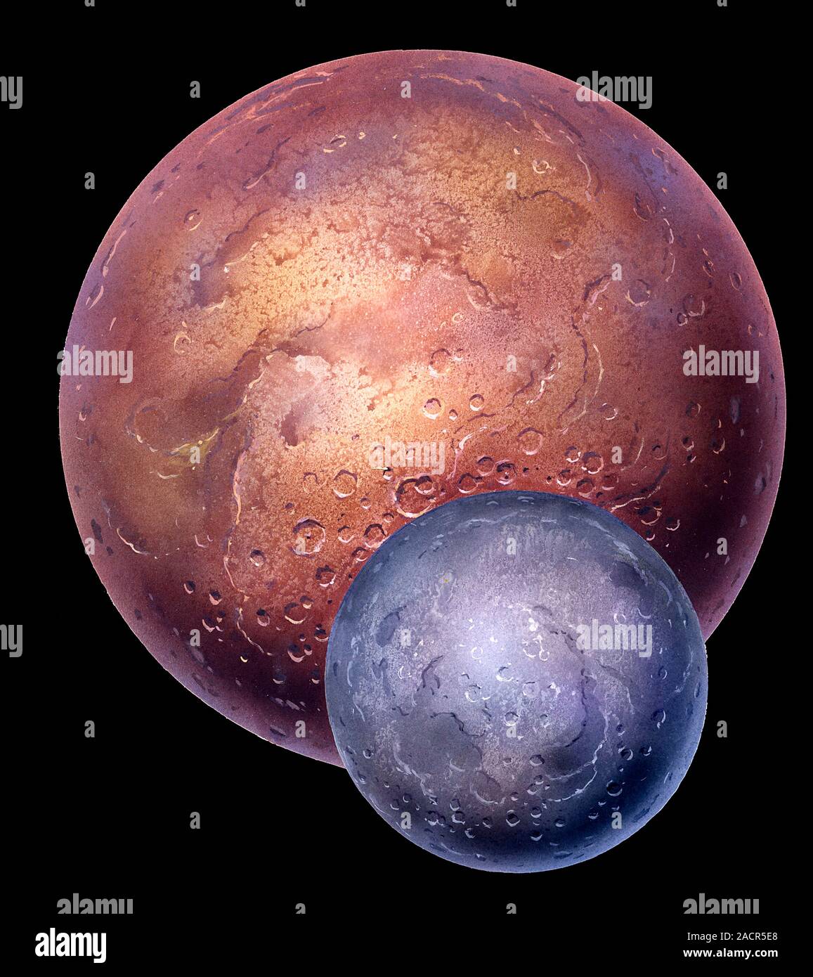 Pluto and Charon. Computer artwork of the dwarf planet Pluto (large ...