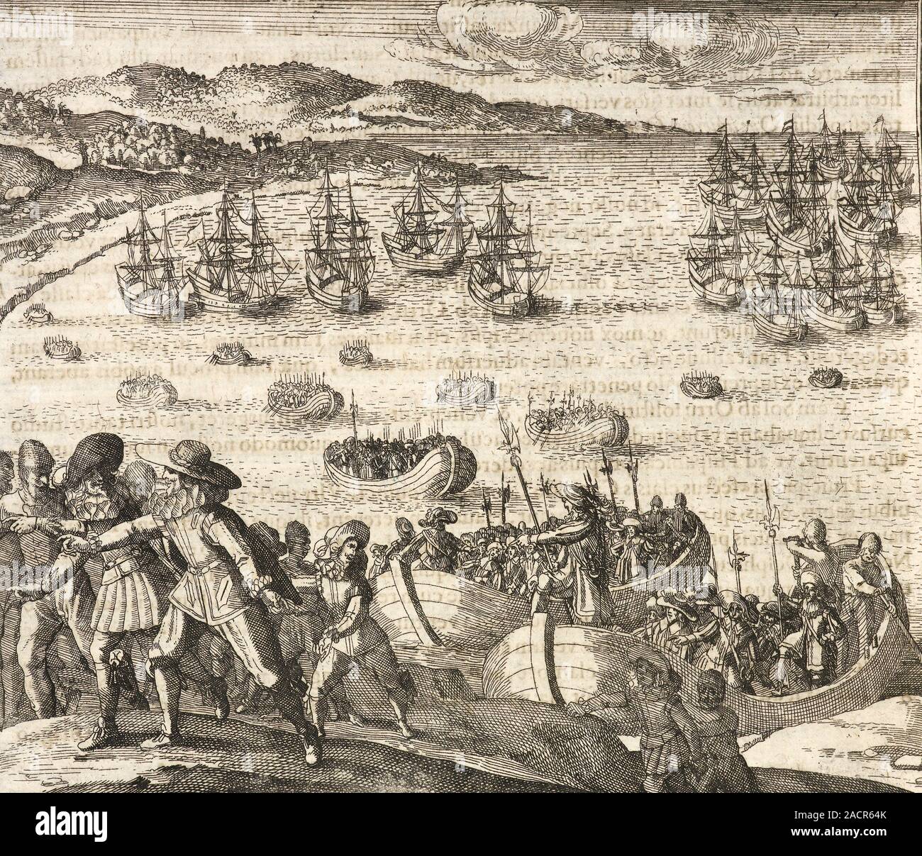 Europeans in the Americas. 17th-century artwork of a ship-borne army of Europeans landing on a coastline somewhere in the Americas. Artwork from part Stock Photo