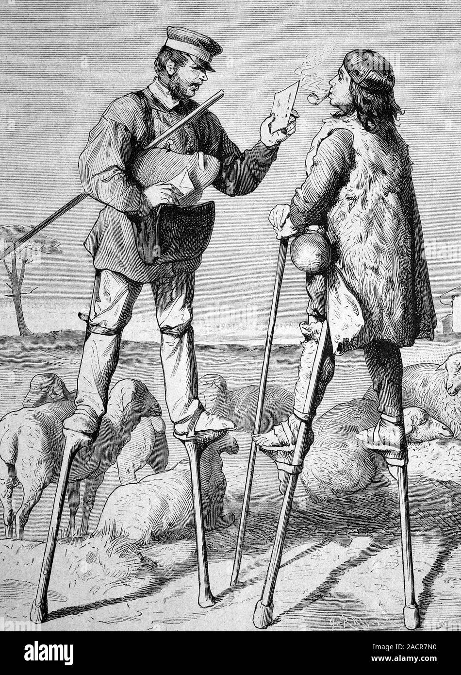 Postman on stilts in France. 19thcentury artwork of a postman