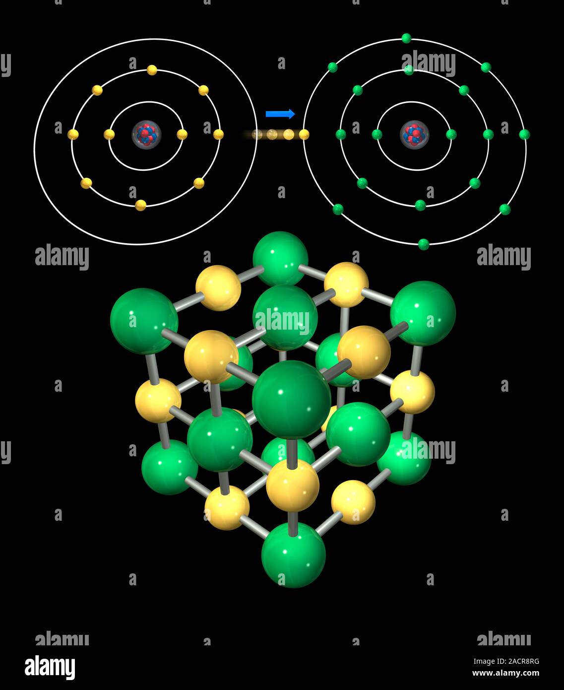 Ionic bonding in sodium chloride. Computer artwork showing the ...