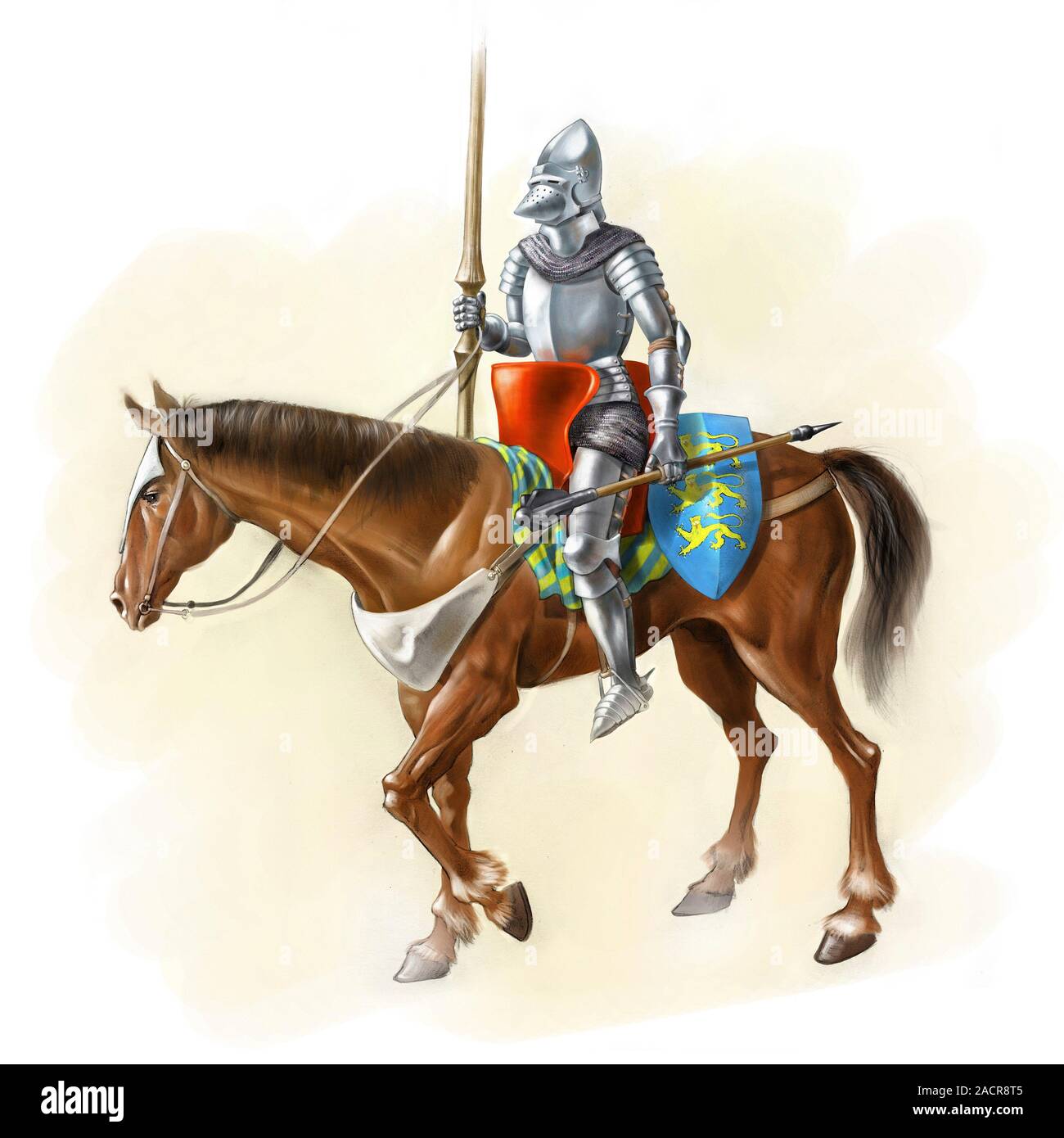 Medieval knight on horseback, artwork. The knight is wearing a suit of