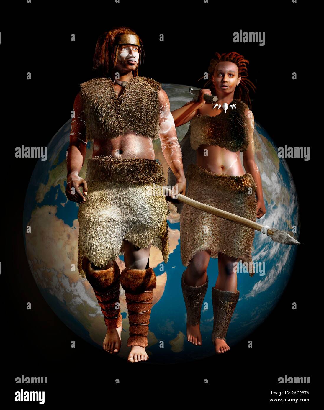 Cro-Magnon man and woman, artwork. They are wearing animal skins and ...