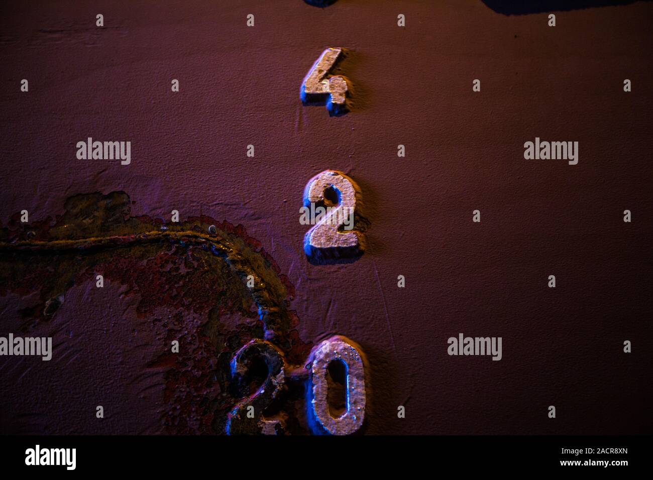 metal numbers on a ships side Stock Photo