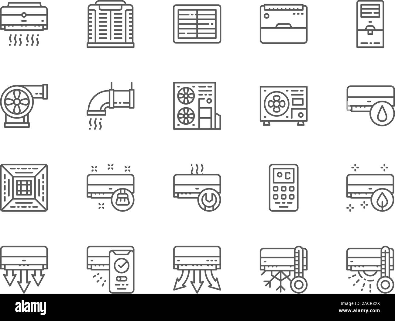 Set of Air Conditioning Line Icons. Remote Control, Cooler, Humidifier and more. Stock Vector