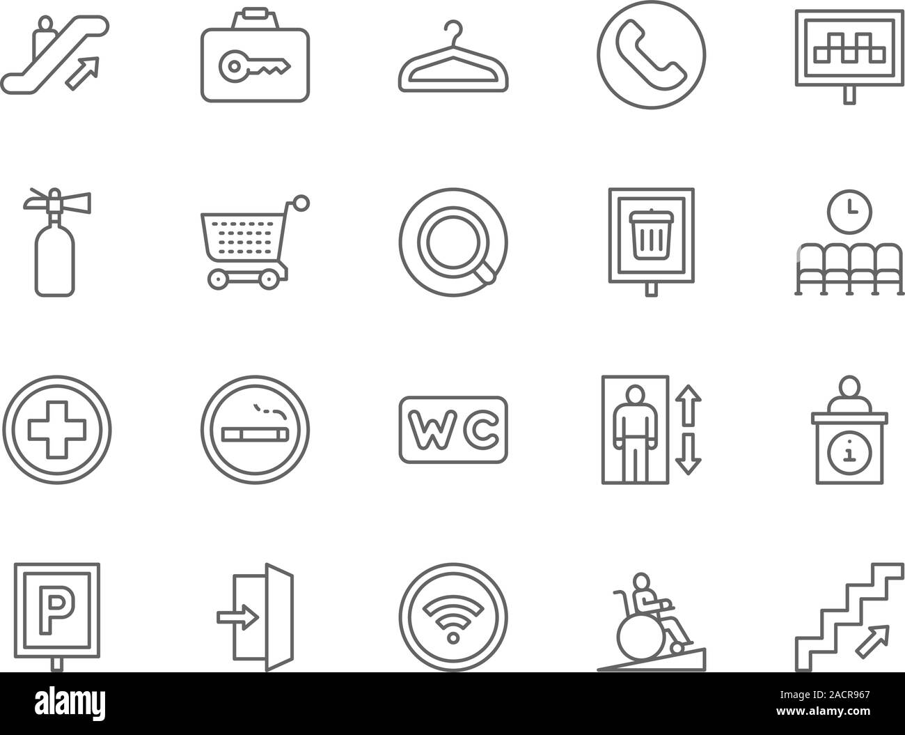Set of Public Navigation Line Icons. Hanger, Coffee, Toilet, Elevator and more. Stock Vector