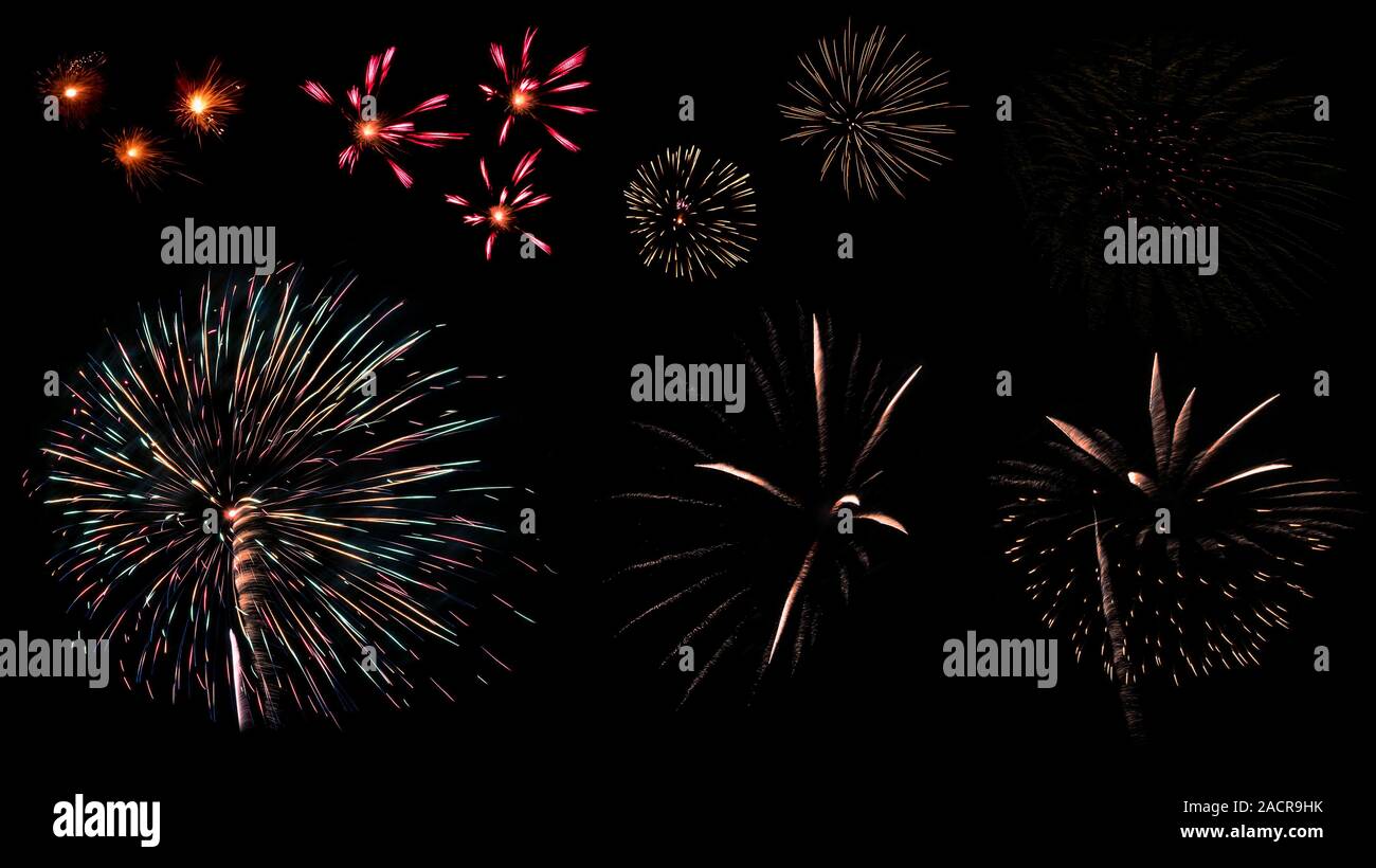 Colorful variety fireworks isolated on black background. Beautiful firework light on dark background. Celebration and anniversary concept. Stock Photo