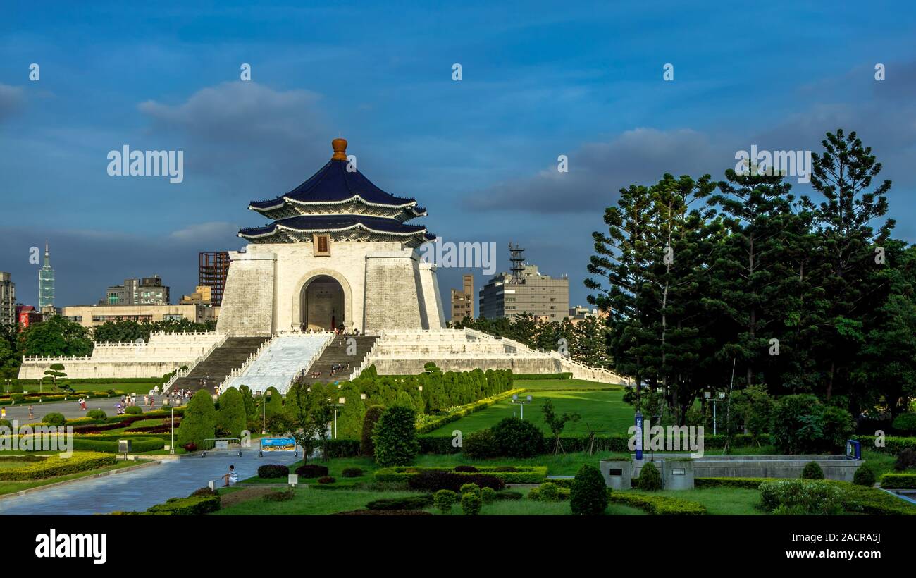 View of the entrance gate to the monument Chiang Kai Shek memorial hall in beautiful sunny day. A tourist attraction very famous in Taipei capital. Fr Stock Photo