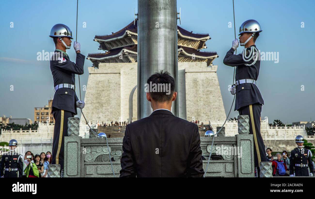 Taipei, Taiwan-16 February, 2017: Honor guards in the flag lowering ...